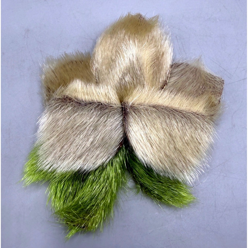 Vintage Faux Fur Flower Brooch Pin Cream Tan Lime Green Mid Century Style 4.5"